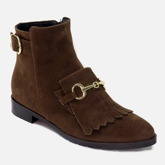 Women's suede ankle boots with fringes and bridle